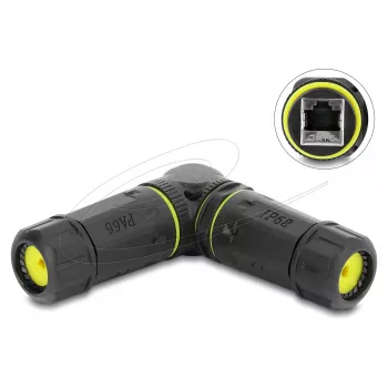 Conector fêmea a fêmea RJ45 Delock Cat.6 com rosca M23 x 1,5 mm, 90° angular, IP68 à prova de pó e água, preto