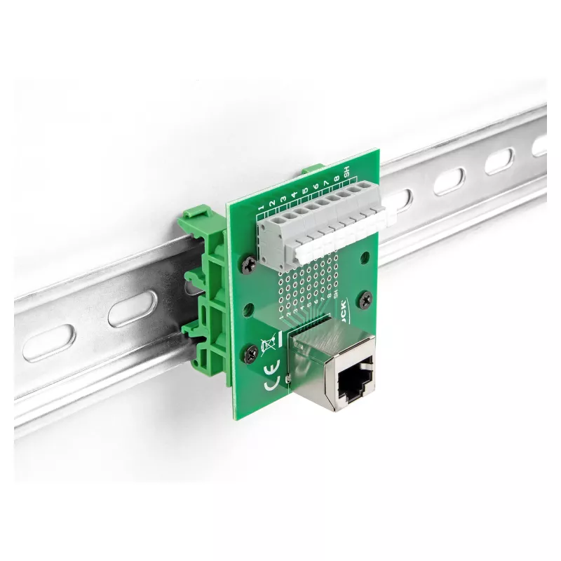 Conector fêmea RJ45 para bloco de terminais com botão de pressão para calha DIN angular (66993)