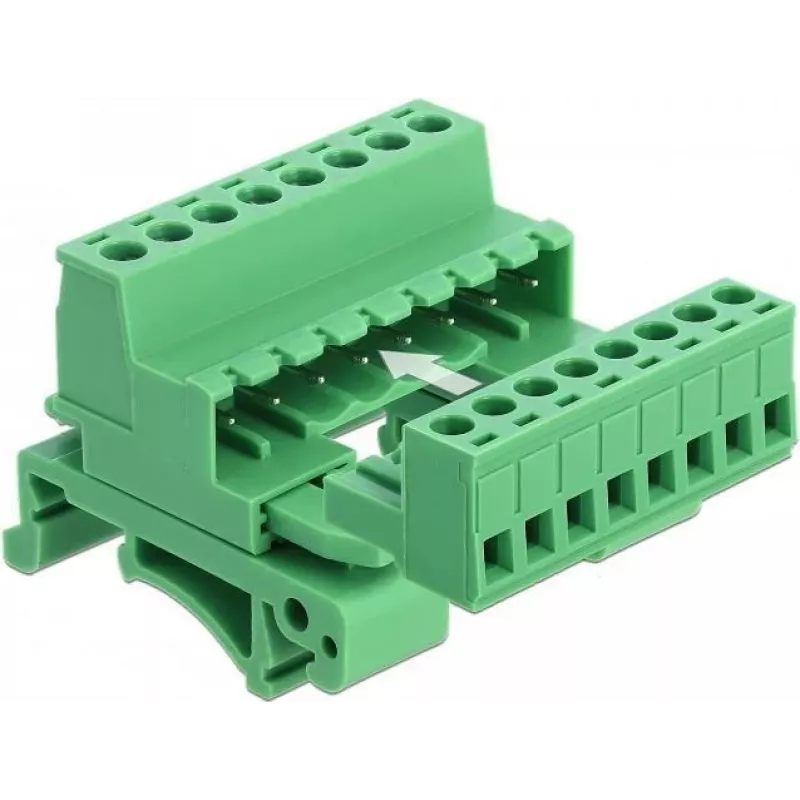 Conjunto de bloco de terminais DeLOCK para calha DIN, 8 polos, passo 5,08 mm, angular, verde