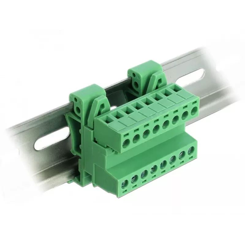 Conjunto de bloco de terminais DeLOCK para calha DIN, 8 polos, passo 5,08 mm, angular, verde