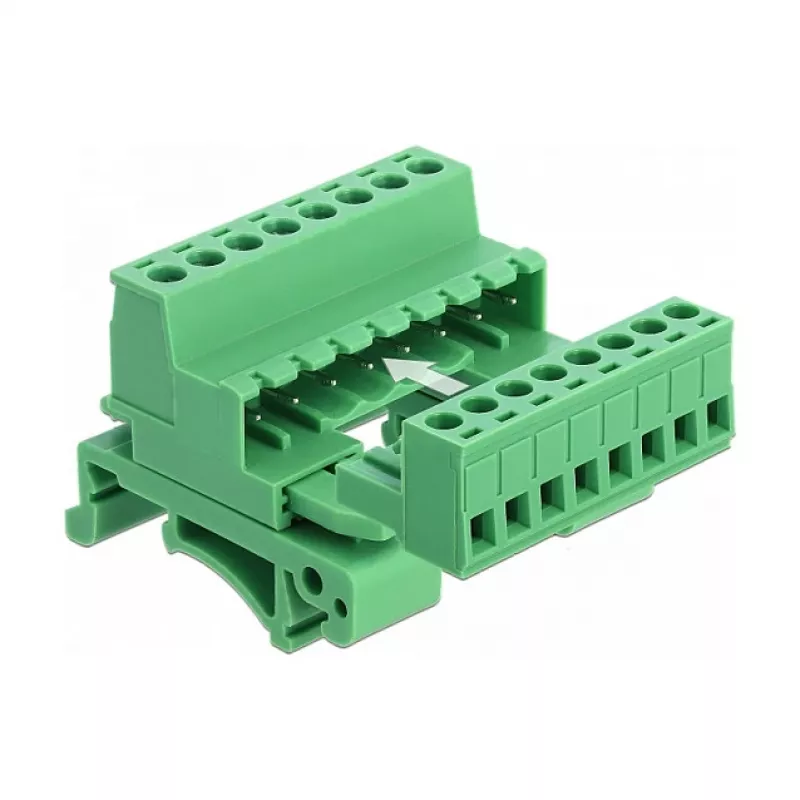 Conjunto de bloco de terminais DeLOCK para calha DIN, 8 polos, passo 5,08 mm, angular, verde
