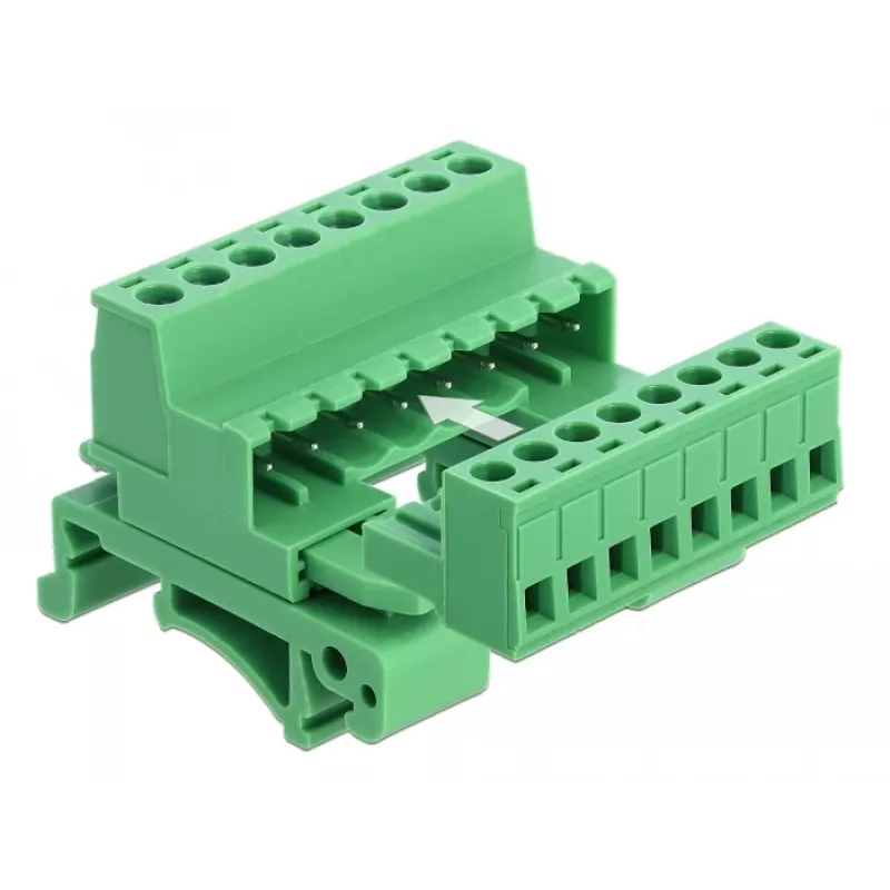 Conjunto de bloco de terminais DeLOCK para calha DIN, 8 polos, passo 5,08 mm, angular, verde