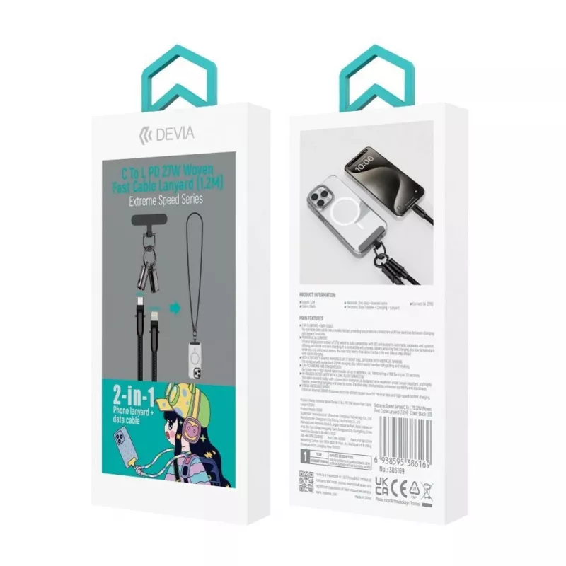 Devia Cabo USB-C para Lightning Lanyard 2 em 1 1,2m 27W Preto