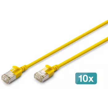 Cabo patch slim DIGITUS CAT 6A F/FTP, 2 m, amarelo, pack de 10, LSZH, 10 Gbps, PoE++