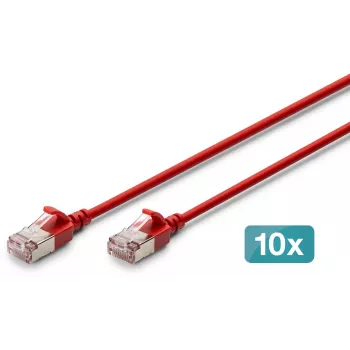 Cabo patch slim DIGITUS CAT 6A F-FTP, 3 m, Vermelho, pack de 10, LSZH, 10 Gbit/s, 500 MHz