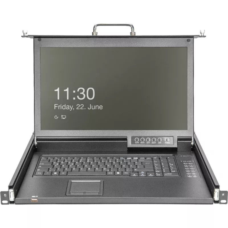 DIGITUS consola KVM LCD HD modular com TFT de 17 polegadas, ligação KVM CAT 5 de 16 portas, touchpad, layout de teclado alemão