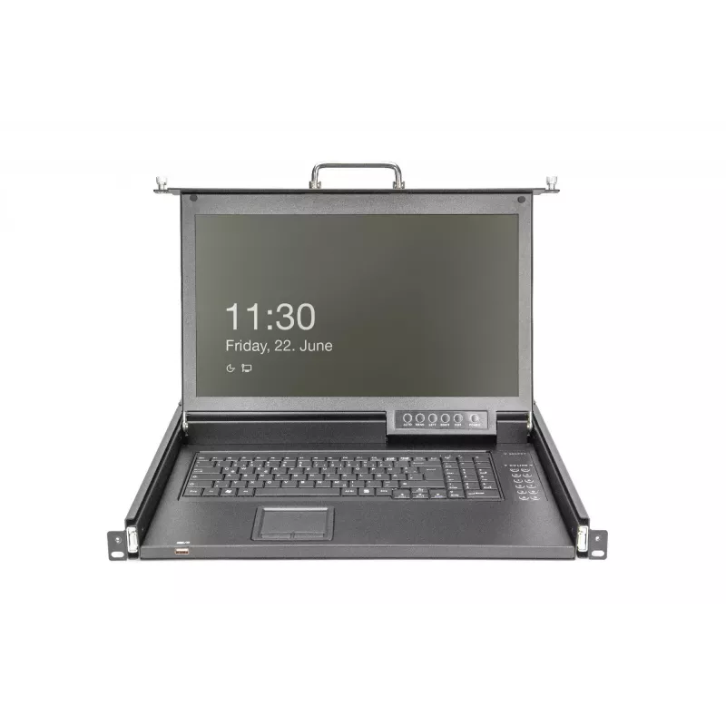 DIGITUS consola KVM LCD HD modular com TFT de 17 polegadas, ligação KVM CAT 5 de 16 portas, touchpad, layout de teclado alemão