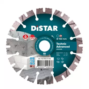 Disco de corte diamantado DISTAR TECHNIC ADVANCED 150 mm x 22,23 mm segmentado, soldado a laser, para betão e pedra
