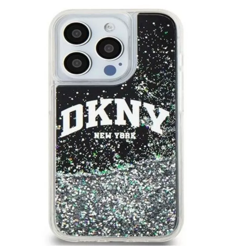 DKNY Capa rígida Liquid Glitter Big Logo para Apple iPhone 15 Pro 6,1 polegadas preta