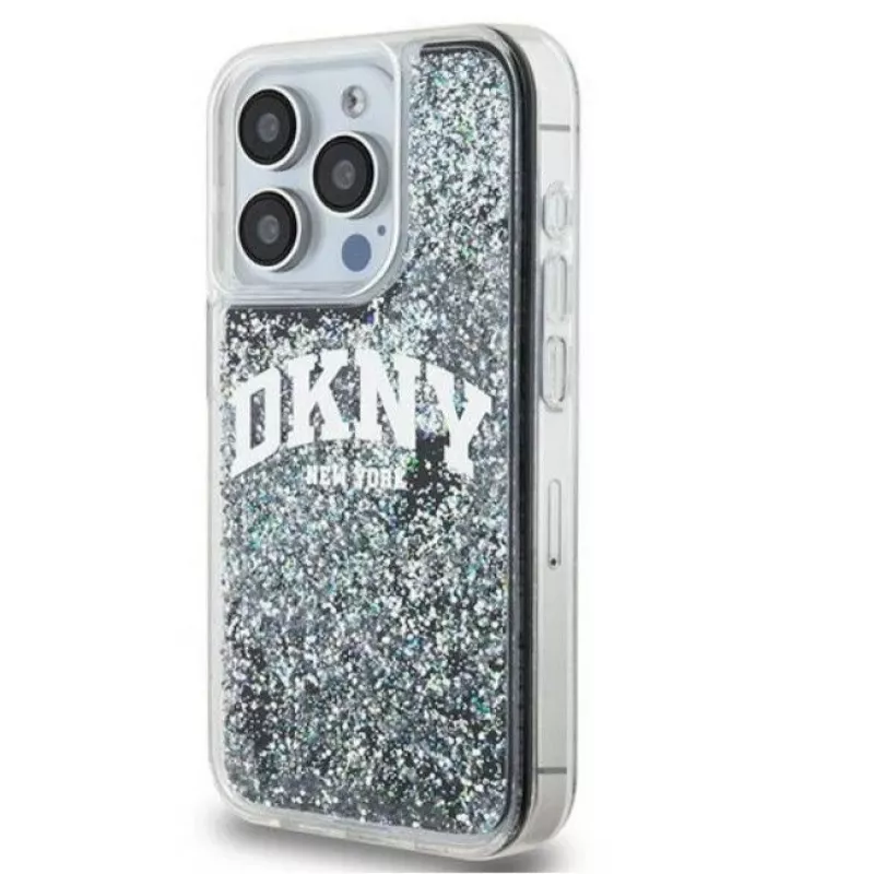 DKNY Capa rígida Liquid Glitter Big Logo para Apple iPhone 15 Pro 6,1 polegadas preta
