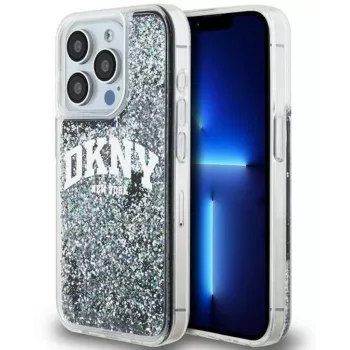 DKNY Capa rígida Liquid Glitter Big Logo para Apple iPhone 15 Pro 6,1 polegadas preta