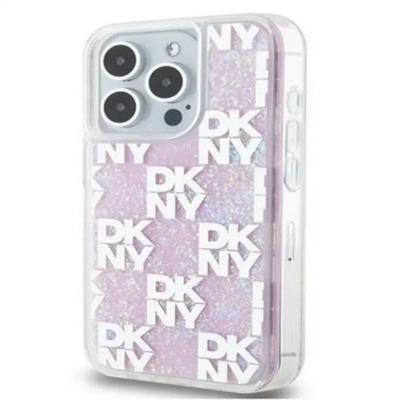DKNY Capa rígida Liquid Glitter Multilogo para Apple iPhone 15 Pro 6,1 polegadas rosa