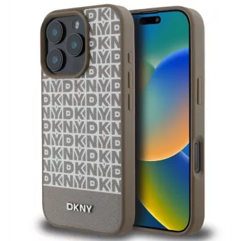 Capa DKNY para Apple iPhone 16 Pro Max em Pele PU com Padrão Repetido e Faixa Inferior, MagSafe, Castanha