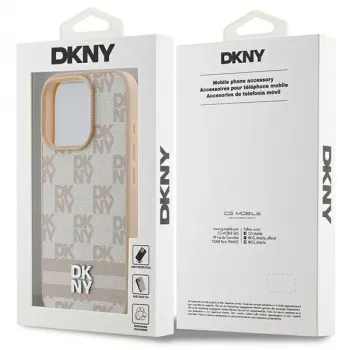 DKNY Capa para iPhone 16 Pro com padrão xadrez e riscas impressas - rosa