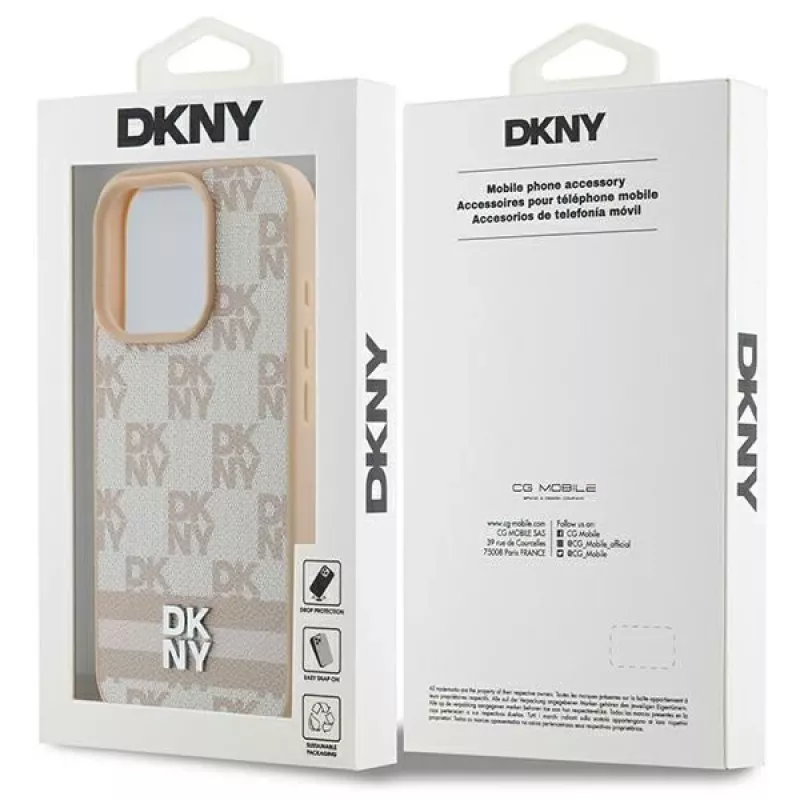 DKNY Capa para iPhone 16 Pro com padrão xadrez e riscas impressas - rosa