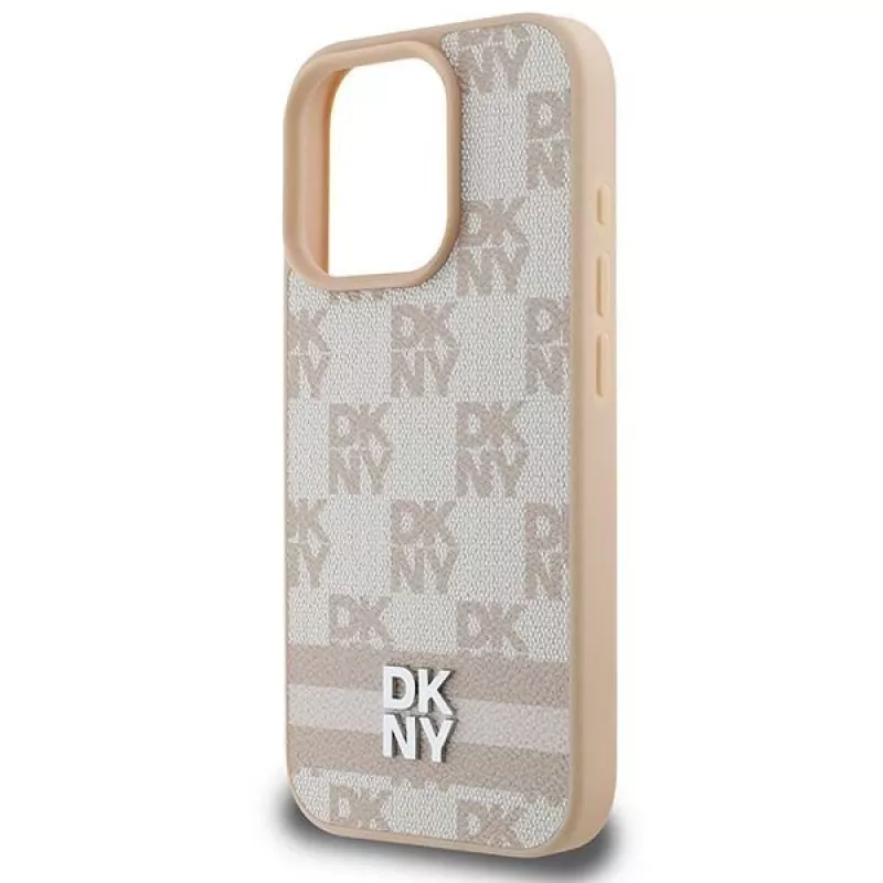 DKNY Capa para iPhone 16 Pro com padrão xadrez e riscas impressas - rosa