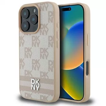 DKNY Capa para iPhone 16 Pro com padrão xadrez e riscas impressas - rosa
