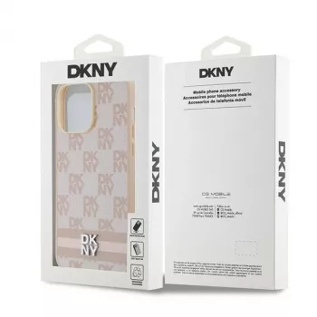Capa de pele DKNY com padrão Mono xadrez e riscas impressas para iPhone 14 Pro Max - Rosa