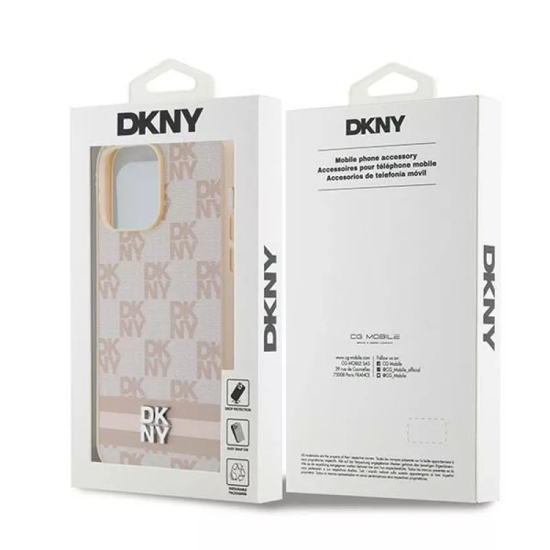 Capa de pele DKNY com padrão Mono xadrez e riscas impressas para iPhone 14 Pro Max - Rosa