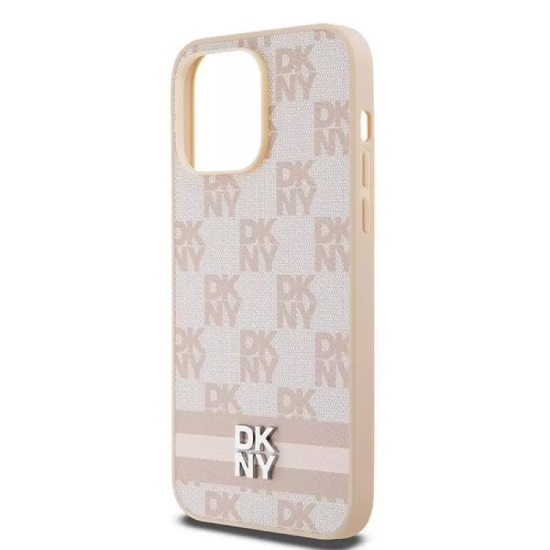 Capa de pele DKNY com padrão Mono xadrez e riscas impressas para iPhone 14 Pro Max - Rosa