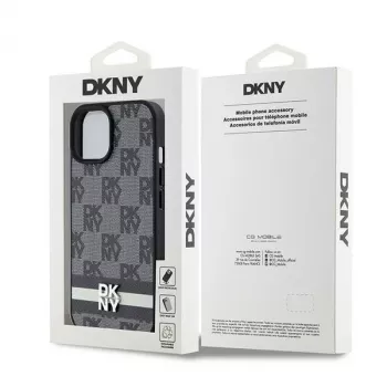 Capa de pele DKNY com padrão monograma xadrez e riscas impressas para iPhone 15/14/13 - Preto