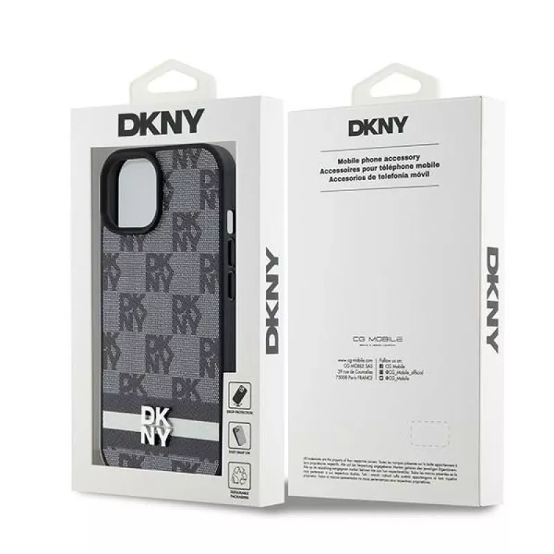 Capa de pele DKNY com padrão monograma xadrez e riscas impressas para iPhone 15/14/13 - Preto