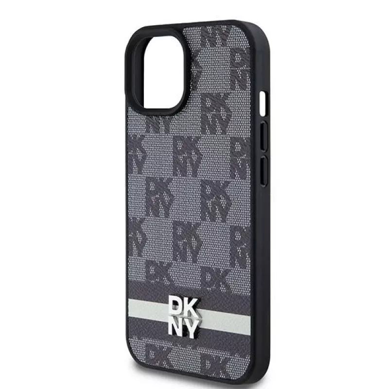 Capa de pele DKNY com padrão monograma xadrez e riscas impressas para iPhone 15/14/13 - Preto