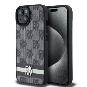 Capa de pele DKNY com padrão monograma xadrez e riscas impressas para iPhone 15/14/13 - Preto