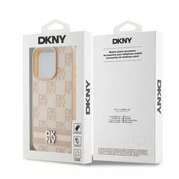 Capa de pele DKNY com padrão Mono xadrez e riscas impressas para iPhone 15 Pro - Rosa