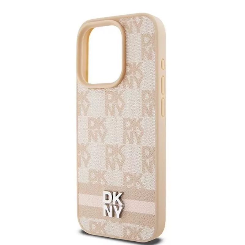Capa de pele DKNY com padrão Mono xadrez e riscas impressas para iPhone 15 Pro - Rosa