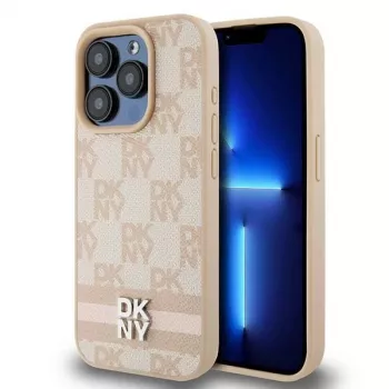 Capa de pele DKNY com padrão Mono xadrez e riscas impressas para iPhone 15 Pro - Rosa