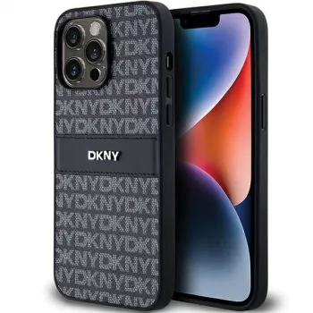 Capa DKNY em Pele Mono Stripe e Logótipo Metálico para Apple iPhone 14 Pro - Preta