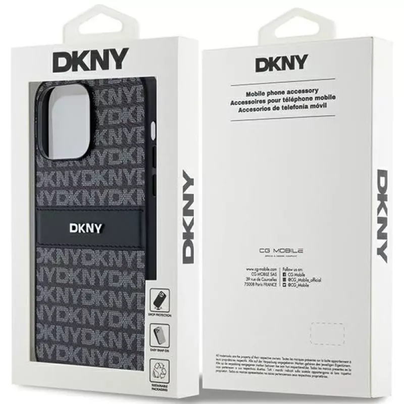 Capa DKNY de pele Mono Stripe com logótipo metálico para iPhone 14 Pro Max - Preto