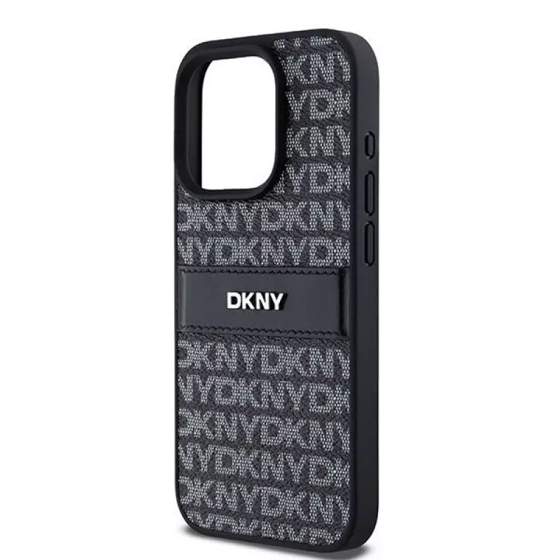 Capa DKNY de pele Mono Stripe com logótipo metálico para iPhone 15 Pro - Preto