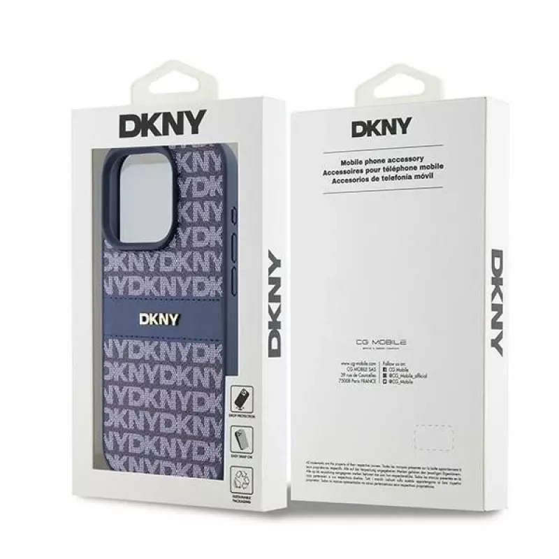 Capa DKNY em Pele Mono Stripe e Logótipo Metálico para iPhone 15 Pro - Azul