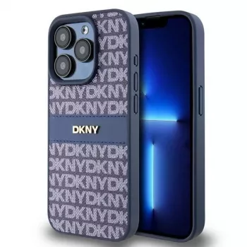 Capa DKNY em Pele Mono Stripe e Logótipo Metálico para iPhone 15 Pro - Azul