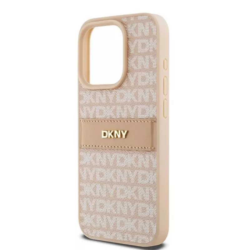 Capa DKNY de pele Mono Stripe com logótipo metálico para iPhone 15 Pro - Rosa