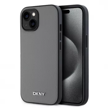 Capa MagSafe DKNY de pele PU com logótipo metálico prateado para iPhone 13 - Cinzento