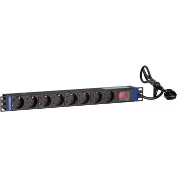DSIT DS-8PDU-S PDU para rack de 19 polegadas com interruptor, 8x tomadas Schuko, cabo de 2m, 16A/3680W – preto/prateado