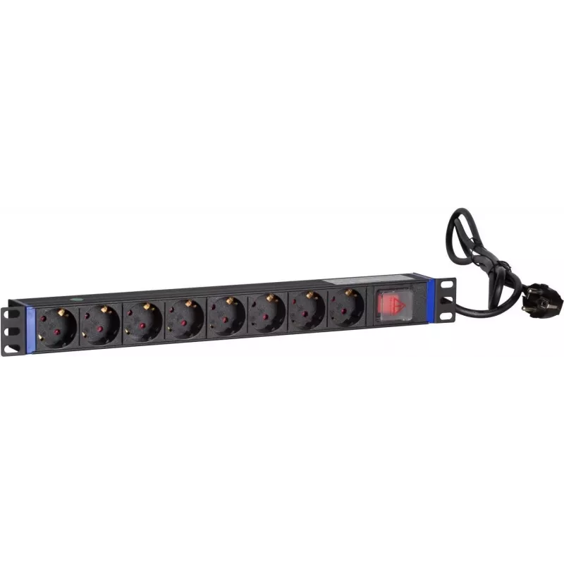 DSIT DS-8PDU-S PDU para rack de 19 polegadas com interruptor, 8x tomadas Schuko, cabo de 2m, 16A/3680W – preto/prateado