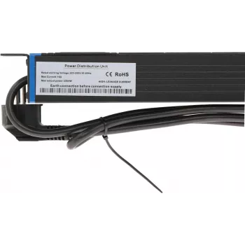DSIT DS-8PDU-S PDU para rack de 19 polegadas com interruptor, 8x tomadas Schuko, cabo de 2m, 16A/3680W – preto/prateado
