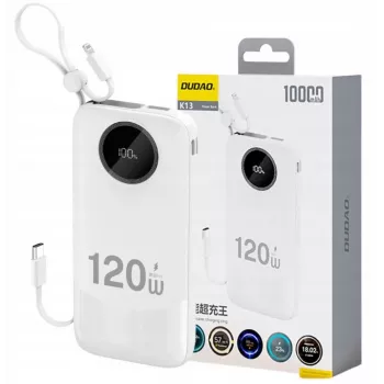 Powerbank Dudao 120W de carregamento rápido com cabo integrado e ecrã digital, 10000mAh, branco