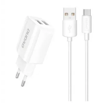 Fonte de alimentação Dudao EU 2x USB 5V / 2,4A + cabo USB Type-C branca (A2EU + Type-C branco) branca