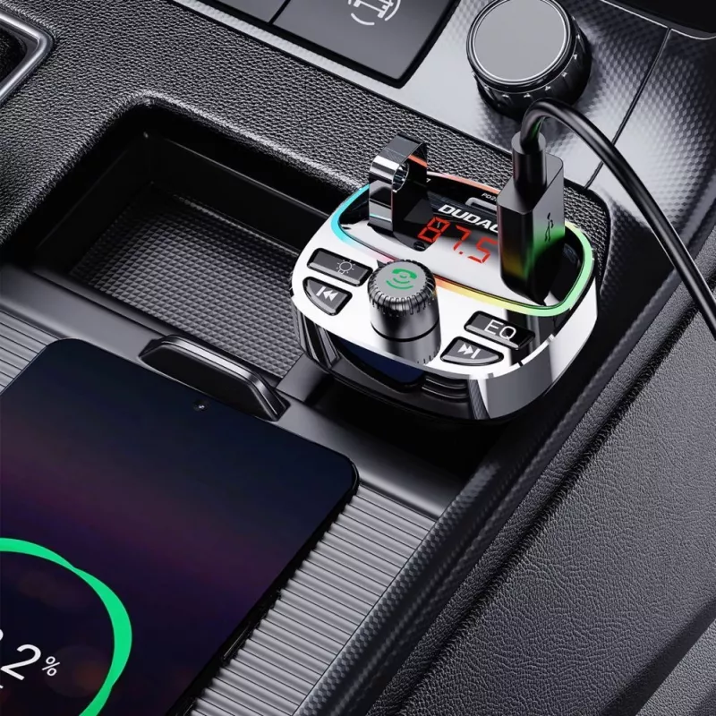 Transmissor FM para automóvel Dudao R2PRO+ com PD25W Bluetooth 5.3 portas de carregamento RGB - preto e prateado
