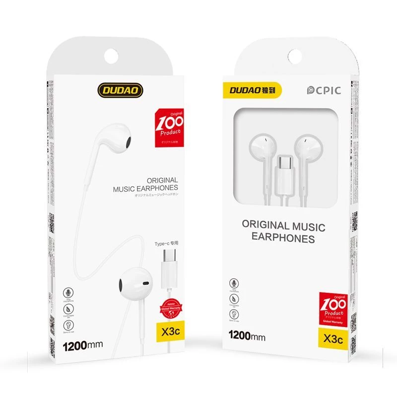 Dudao USB Type-C Connecto Auscultadores estéreo Novo design ergonómico de tampões X3C branco