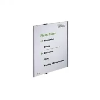 DURABLE INFO SIGN A3 Painel informativo vertical prateado em alumínio, acrílico antirreflexo, montagem com parafusos, inserções 297 x 420 mm 480823