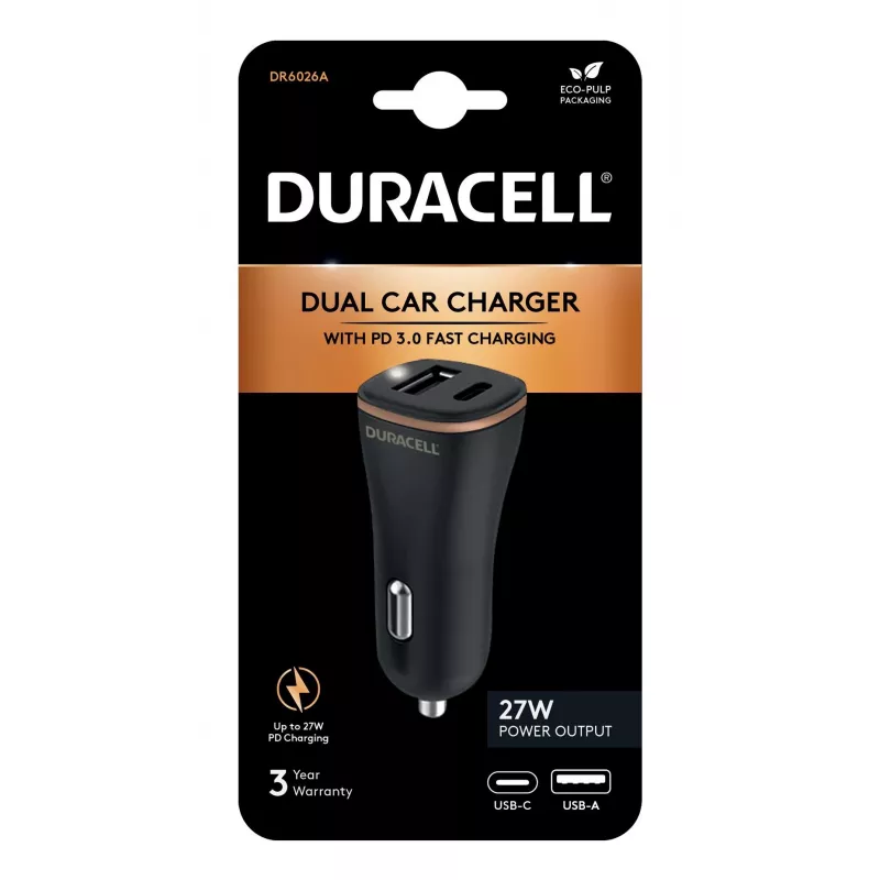 Duracell Power Travel Carregador 12V USB-A + USB-C 18W PD Carregador de automóvel DR6026A