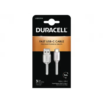 Cabo Duracell USB5031W USB-A para USB-C 1m USB 3.2 Gen 1 5Gbps Branco