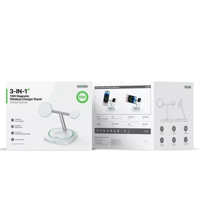 Carregador sem fios magnético Duzzona W16 15W 3-em-1 Branco