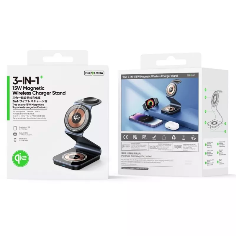 Suporte de carregamento sem fios Duzzona W21 3-em-1 15W para telefone, auricular e relógio (certificado Qi2) Transparente